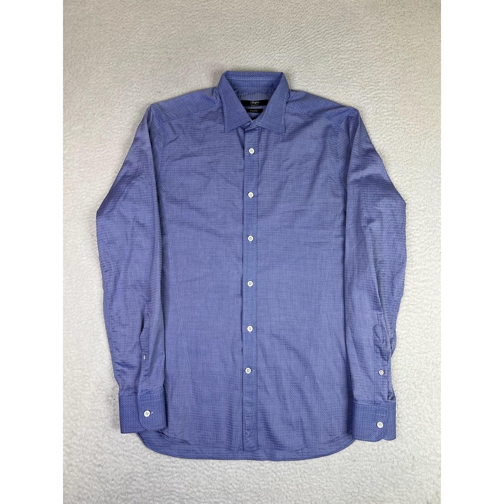 Z Zegna Blue Herringbone Dress Shirt Mens 16 32/33 Silver Line Slim Fit LS